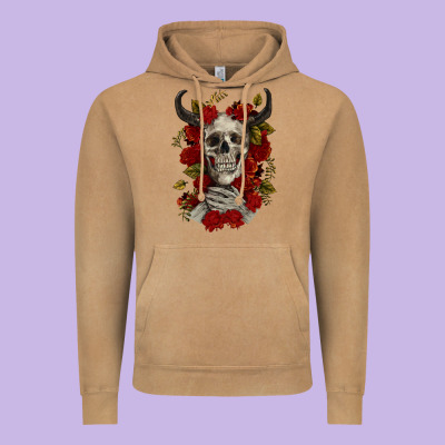 Vintage Hoodie Bull Human Skull With Roses