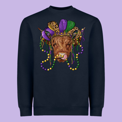 Highland Cow With Mardi Gras Hat Heavyweight Sweatshirt Designed By Ranaportraitstore