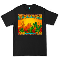 Black desert sunset with cactus sunflowers and leopard Premium Tee - Artiststas