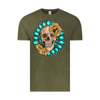 Vintage Olive skull with gemstone and sunflower Vintage Tee - RanaPortraitStore