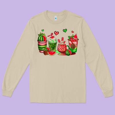 Watermelon Coffee Cups Long Sleeve Tee Designed By Adodesignshop
