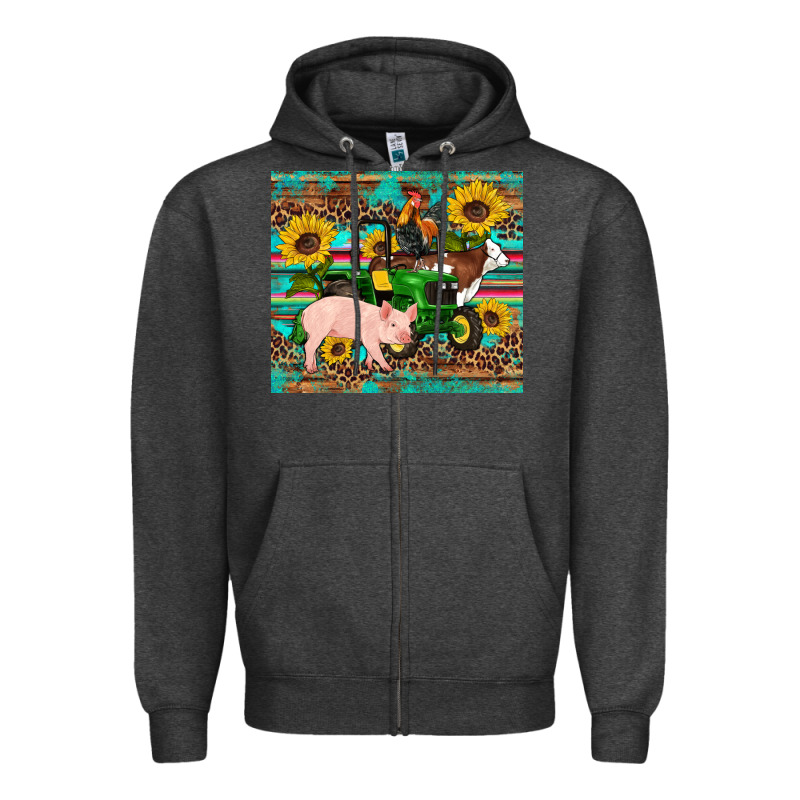Western Farm Tractor Pig Rooster Cow Sunflowers Zipper Hoodie by Artiststas | Teevron