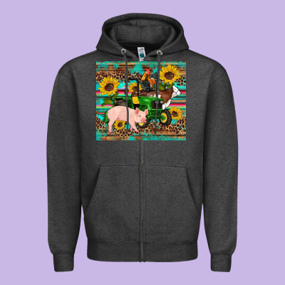 Western Farm Tractor Pig Rooster Cow Sunflowers Zipper Hoodie Designed By Artiststas