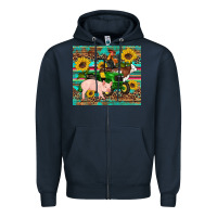 Navy western farm tractor pig rooster cow sunflowers Zipper Hoodie - Artiststas