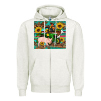 Oatmeal Heather western farm tractor pig rooster cow sunflowers Zipper Hoodie - Artiststas