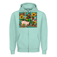 Seafoam western farm tractor pig rooster cow sunflowers Zipper Hoodie - Artiststas