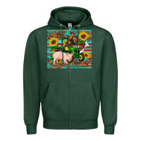 Sports Green western farm tractor pig rooster cow sunflowers Zipper Hoodie - Artiststas