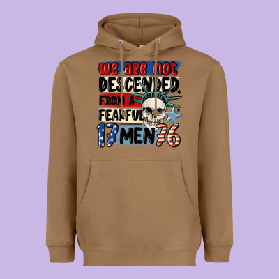 We Are Not Descended From A Fearful Me Heavyweight Hoodie Designed By Maliassmallbusiness