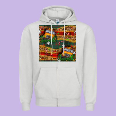 Christmas School Bus Seamless Pattern Zipper Hoodie Designed By Bundleandbundleshop