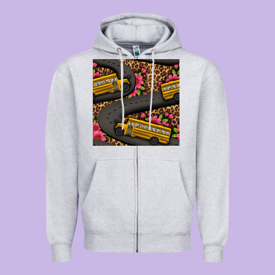 Flower Leopard School Bus Seamless Pattern Zipper Hoodie Designed By Bundleandbundleshop