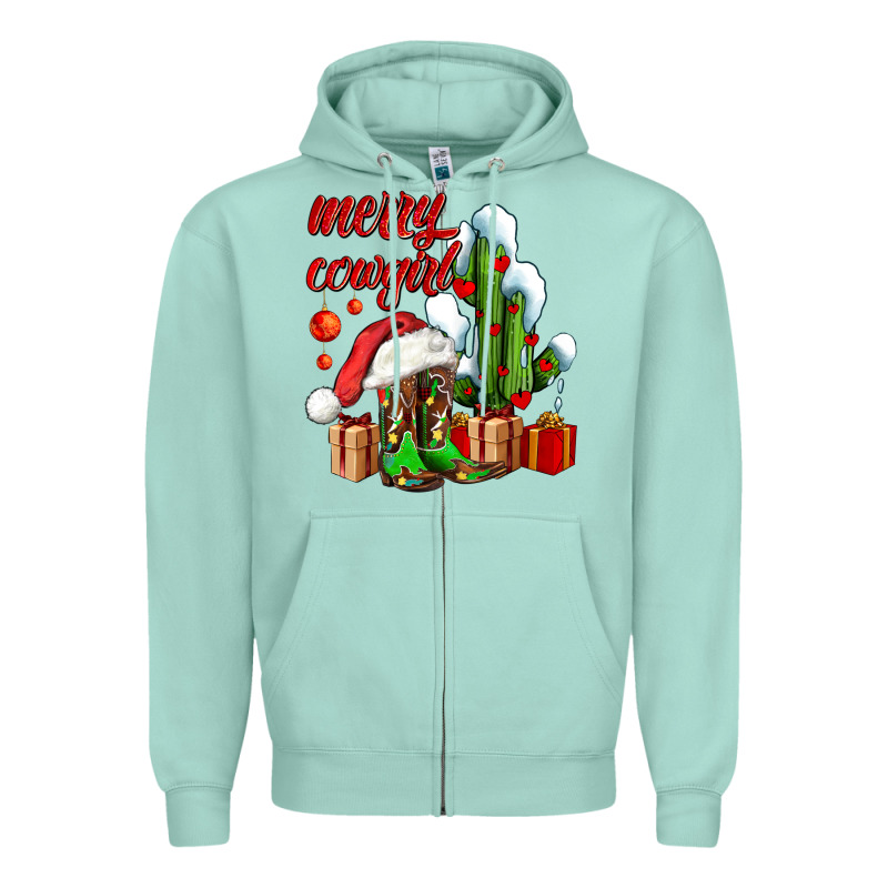 Merry Cowgirl  Boots And Cactus With Gifts Zipper Hoodie by AdoDesignShop | Teevron