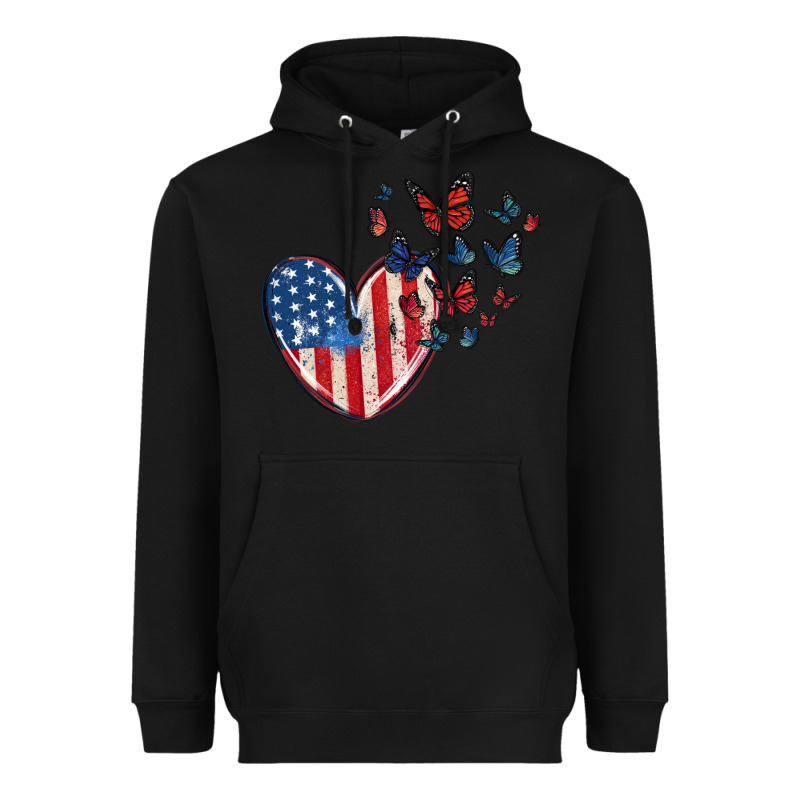 4th Of July American Flag Heart Butterfly Heavyweight Hoodie by MaliasSmallBusiness | Teevron
