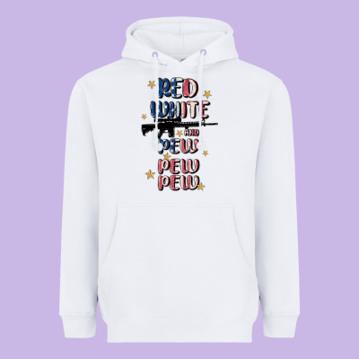 Red White And Pew Pew Pew Heavyweight Hoodie Designed By Maliassmallbusiness