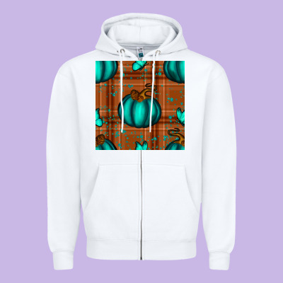 Turquoise Pumpkin Plaid Seamless Pattern Zipper Hoodie Designed By Bundleandbundleshop