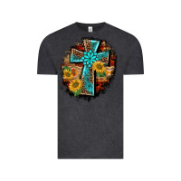 Vintage Black western turquoise's leopard cross  wooden aztek sunflowers background Vintage Tee - BarkalooDesign