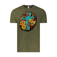 Vintage Olive western turquoise's leopard cross  wooden aztek sunflowers background Vintage Tee - BarkalooDesign