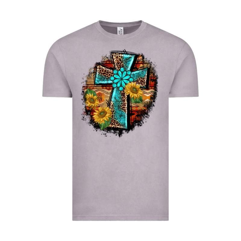 Western Turquoise's Leopard Cross  Wooden Aztek Sunflowers Background Vintage Tee by BarkalooDesign | Teevron
