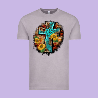 Western Turquoise's Leopard Cross  Wooden Aztek Sunflowers Background Vintage Tee Designed By Barkaloodesign