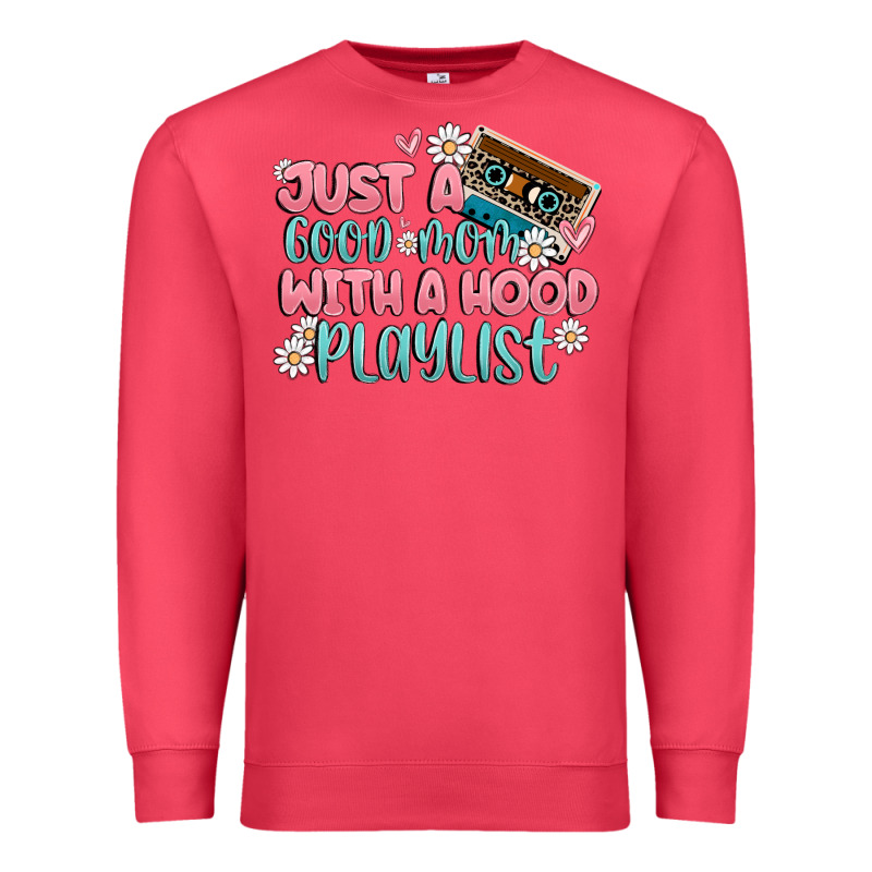 Just A Good Mom With A Hood Playlist Premium Sweatshirt by MaliasSmallBusiness | Teevron