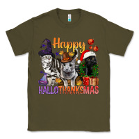 Army Green Happy Hallothanksmas Cats Classic Tee - BundleAndBundleShop
