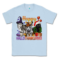 Dusty Blue Happy Hallothanksmas Cats Classic Tee - BundleAndBundleShop