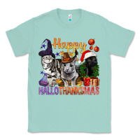 Seafoam Happy Hallothanksmas Cats Classic Tee - BundleAndBundleShop