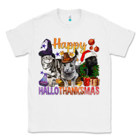 White Happy Hallothanksmas Cats Classic Tee - BundleAndBundleShop
