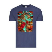 Vintage Denim he is risen cross with roses background Vintage Tee - BarkalooDesign