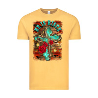 Vintage Mustard he is risen cross with roses background Vintage Tee - BarkalooDesign