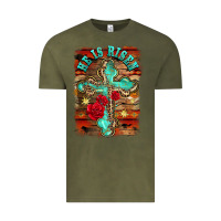 Vintage Olive he is risen cross with roses background Vintage Tee - BarkalooDesign