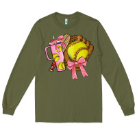 Army Green softball coquette bow Long Sleeve Tee - JahusDesignShop