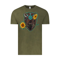 Vintage Olive bison head with sunflowers and gemstone Vintage Tee - RanaPortraitStore
