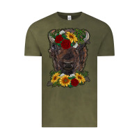 Vintage Olive bison face with flowers Vintage Tee - RanaPortraitStore