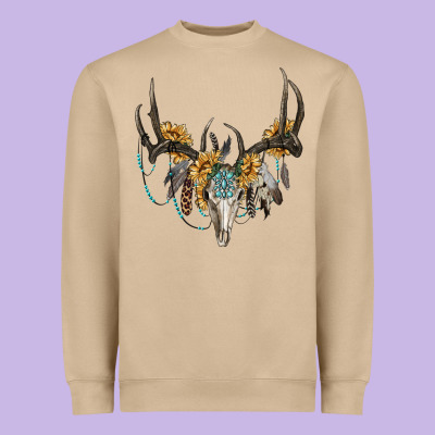 Boho Deer Skull Sunflowers And Gemstone Heavyweight Sweatshirt Designed By Ranaportraitstore