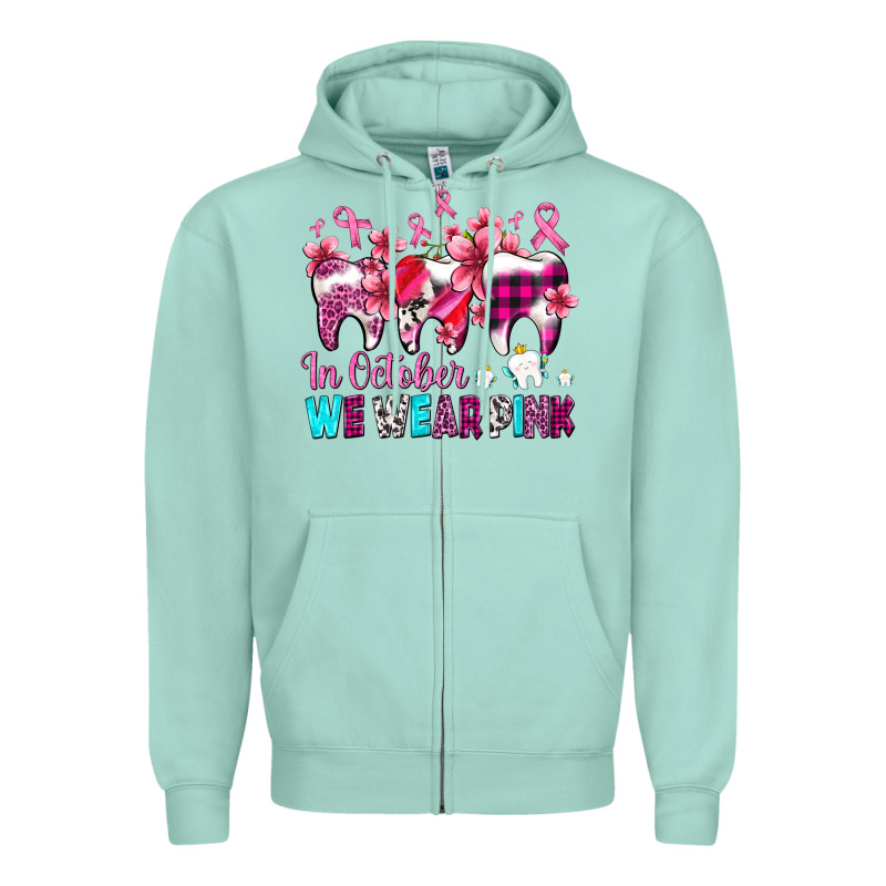 In October We Wear Pink Cancer Ribbon With Teeth Zipper Hoodie by AdoDesignShop | Teevron