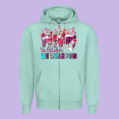 In October We Wear Pink Cancer Ribbon With Teeth Zipper Hoodie Designed By Adodesignshop