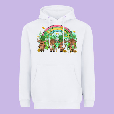 St Patrick's Day Baby Highland Cow Heavyweight Hoodie Designed By Maliassmallbusiness
