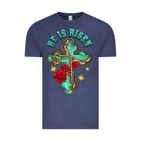 Vintage Denim he is risen cross with roses Vintage Tee - BarkalooDesign
