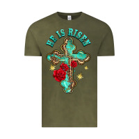 Vintage Olive he is risen cross with roses Vintage Tee - BarkalooDesign