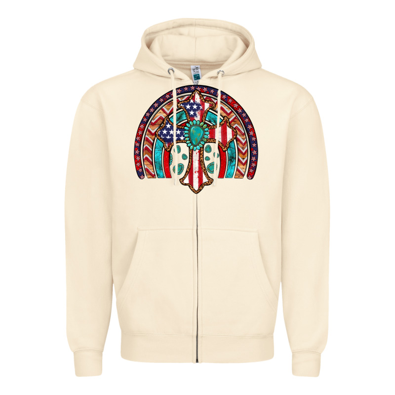 Gemstone Cross American Flag Turquoise Rainbow Zipper Hoodie by Artiststas | Teevron