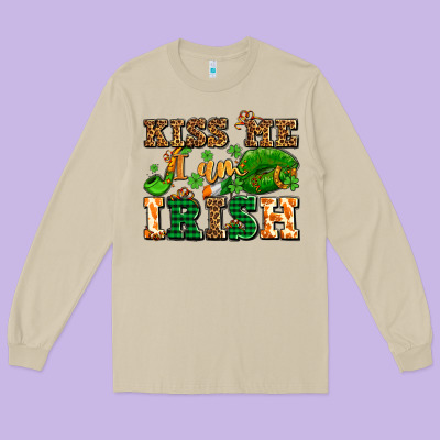 Kiss Me I Am Irish  With Lips And Shamrocks Long Sleeve Tee Designed By Adodesignshop