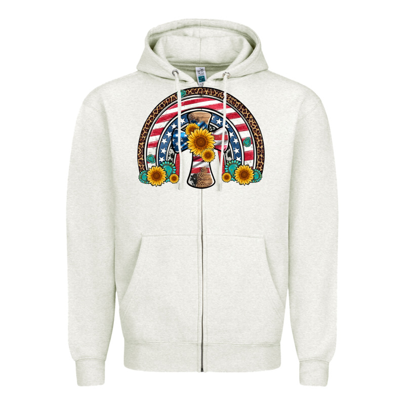 Cross American Flag Cowhide  Leopard Gemstone Rainbow Zipper Hoodie by Artiststas | Teevron