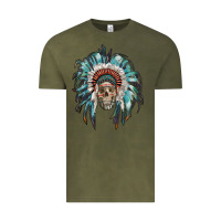 Vintage Olive indian headdress with native american skull Vintage Tee - RanaPortraitStore
