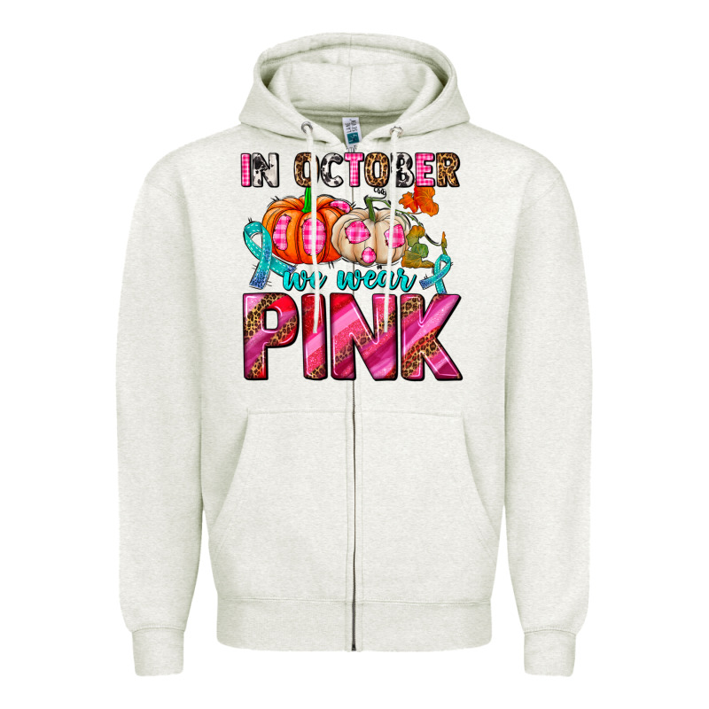 In October We Wear Pink With Pumpkins Zipper Hoodie by AdoDesignShop | Teevron