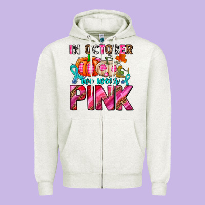 In October We Wear Pink With Pumpkins Zipper Hoodie Designed By Adodesignshop