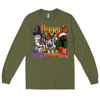 Army Green Happy Hallothanksmas Cats Long Sleeve Tee - BundleAndBundleShop