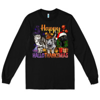Black Happy Hallothanksmas Cats Long Sleeve Tee - BundleAndBundleShop