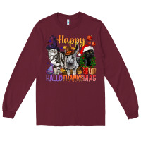 Burgundy Happy Hallothanksmas Cats Long Sleeve Tee - BundleAndBundleShop