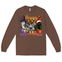 Chestnut Happy Hallothanksmas Cats Long Sleeve Tee - BundleAndBundleShop