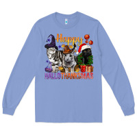 Colony Blue Happy Hallothanksmas Cats Long Sleeve Tee - BundleAndBundleShop